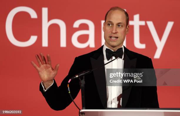 Britain's Prince William, Prince of Wales delivers a speech during the London Air Ambulance Charity Gala Dinner at The OWO on February 7, 2024 in...