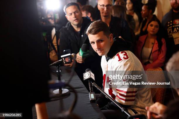 San Francisco 49ers quarterback Brock Purdy talks with the news media at Hilton Lake Las Vegas Resort in Henderson on Tuesday, Feb. 6, 2024. The...