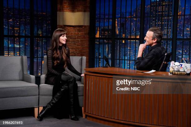 Episode 1482 -- Pictured: Actress Dakota Johnson during an interview with host Seth Meyers on February 7, 2024 --