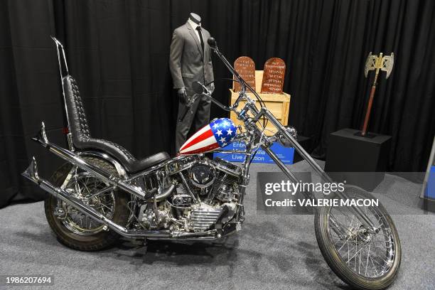 Harley Davidson Captain America panhead chopper from "Easy Rider" signed by Peter FOnda is displayed during a press preview of movie memorabilia...