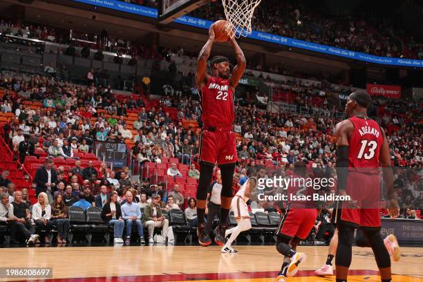Jimmy Butler of the Miami Heat grabs a rebound during the game against the San Antonio Spurs on February 7, 2024 at Kaseya Center in Miami, Florida....