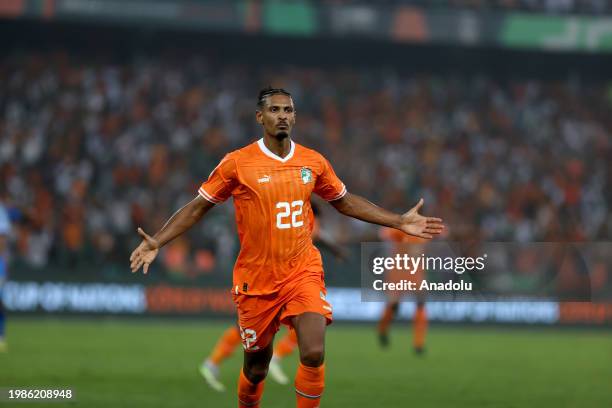 Sebastien Haller of Ivory Coast celebrates after scoring a goal during the Africa Cup of Nations Semi-Final match between Ivory Coast and Democratic...