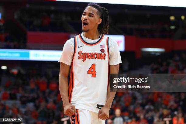 Chris Bell of the Syracuse Orange reacts to a play against the Louisville Cardinals during the first half at the JMA Wireless Dome on February 7,...