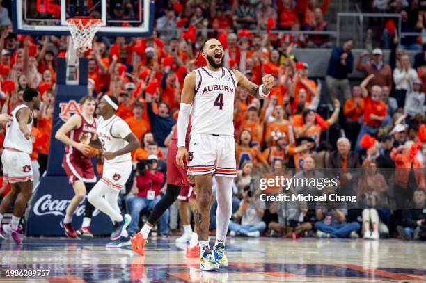 Johni Broome of the Auburn Tigers reacts after making a shot during the first half of their game against the Alabama Crimson Tide at Neville Arena on...