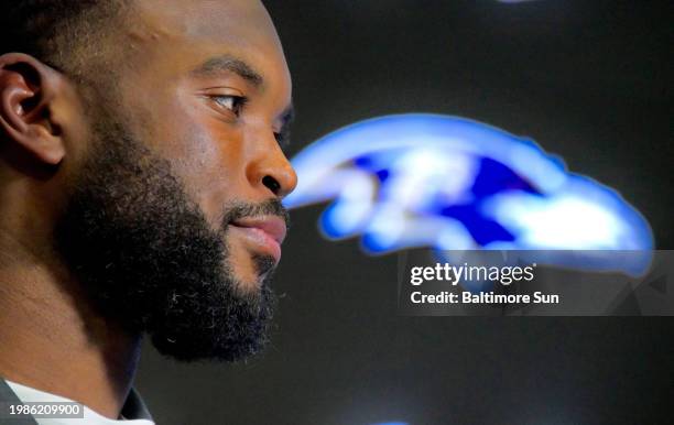 Baltimore Ravens defensive coordinator Zach Orr at a news conference at the Under Armour Performance Center in Owings Mills, Maryland.