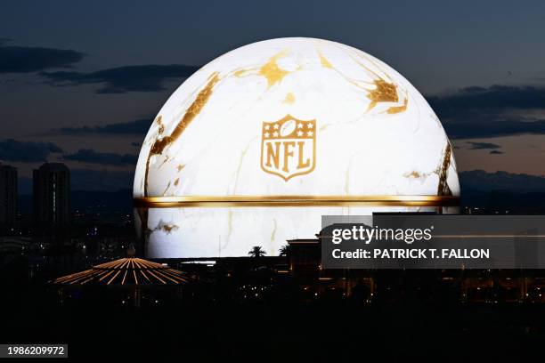 The NFL logo is displayed on the Sphere arena ahead of Super Bowl LVIII in Las Vegas, Nevada on February 7, 2024.