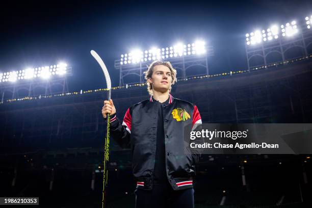 Connor Bedard of the Chicago Blackhawks poses for a portrait after announcing that the 2025 Discover NHL Winter Classic will feature the Chicago...