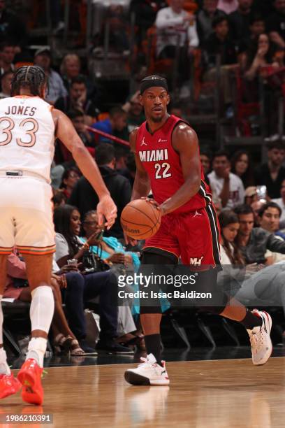 Jimmy Butler of the Miami Heat dribbles the ball during the game against the San Antonio Spurs on February 7, 2024 at Kaseya Center in Miami,...