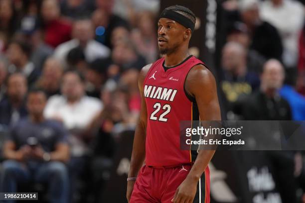 Jimmy Butler of the Miami Heat looks on during the game against the San Antonio Spurs on February 7, 2024 at Kaseya Center in Miami, Florida. NOTE TO...