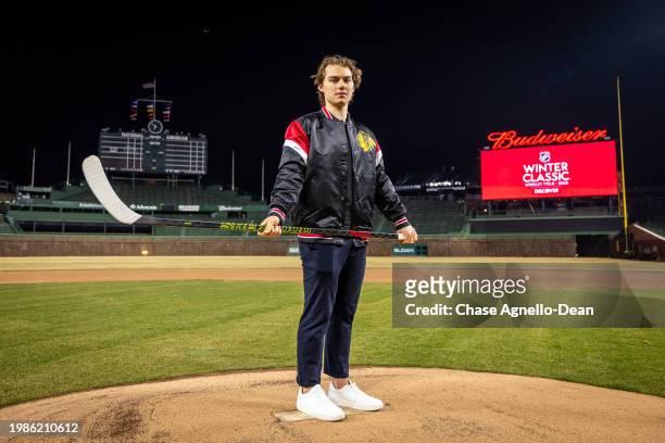 Connor Bedard of the Chicago Blackhawks poses for a portrait after announcing that the 2025 Discover NHL Winter Classic will feature the Chicago...