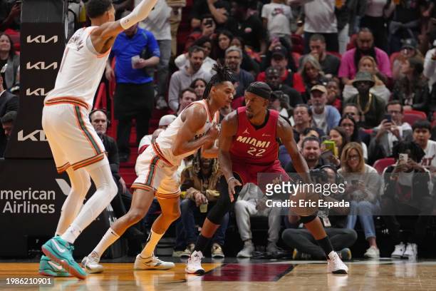 Jimmy Butler of the Miami Heat dribbles the ball during the game against the San Antonio Spurs on February 7, 2024 at Kaseya Center in Miami,...