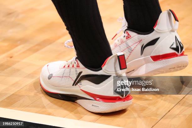 The sneakers worn by Jimmy Butler of the Miami Heat during the game against the San Antonio Spurs on February 7, 2024 at Kaseya Center in Miami,...