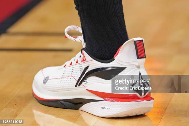 The sneakers worn by Jimmy Butler of the Miami Heat during the game against the San Antonio Spurs on February 7, 2024 at Kaseya Center in Miami,...