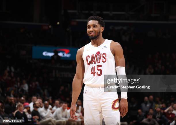 Donovan Mitchell of the Cleveland Cavaliers smiles during the game against the Washington Wizards on February 7, 2024 at Capital One Arena in...