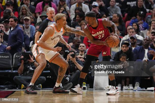 Jimmy Butler of the Miami Heat handles the ball during the game against the San Antonio Spurs on February 7, 2024 at Kaseya Center in Miami, Florida....