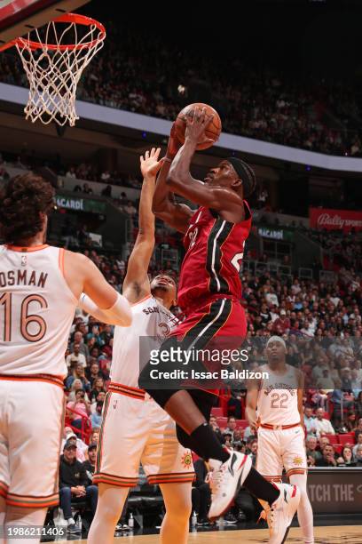 Jimmy Butler of the Miami Heat shoots the ball during the game against the San Antonio Spurs on February 7, 2024 at Kaseya Center in Miami, Florida....