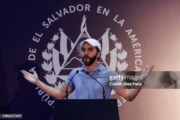 Incumbent president of El Salvador and presidential candidate for Nuevas Ideas Nayib Bukele speaks during a press conference after casting his vote...
