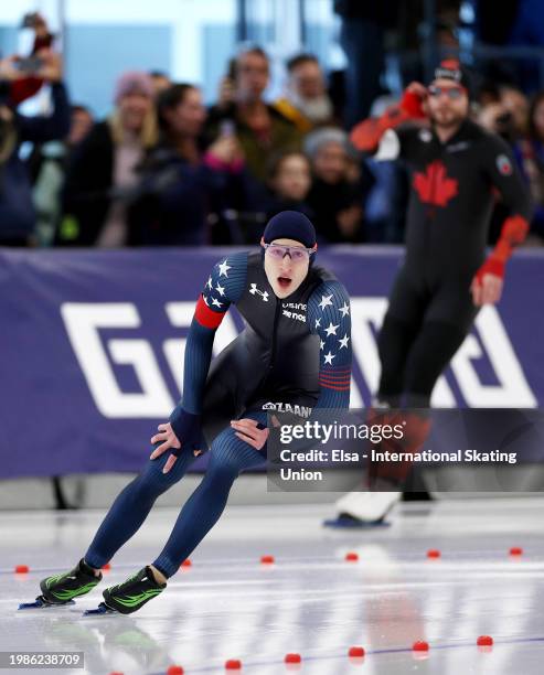 Jordan Stolz of the United States reacts after competing against Laurent Dubreuil of Canada in the Men's 500m during the ISU World Cup Speed Skating...