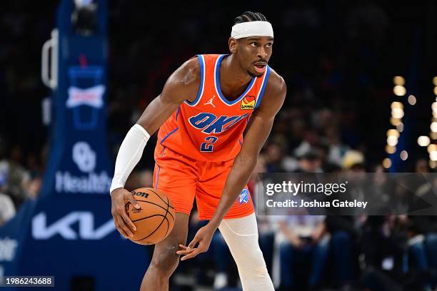 Shai Gilgeous-Alexander of the Oklahoma City Thunder handles the ball during the second half against the Charlotte Hornets at Paycom Center on...