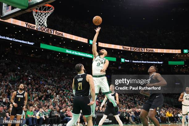 Derrick White of the Boston Celtics shoots the ball against David Roddy of the Memphis Grizzlies during the first half at TD Garden on February 04,...