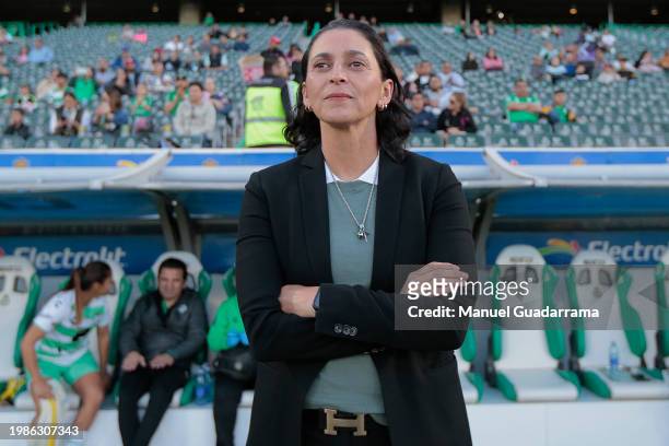 Head coach of Santos Karla Maya looks on during the 6th round match between Santos Laguna and Atlas as part of the Torneo Clausura 2024 Liga MX...