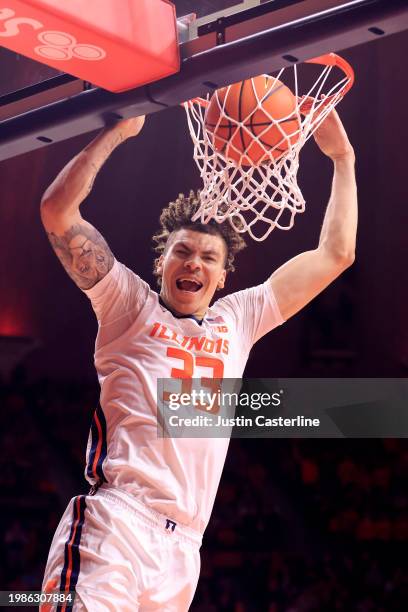 Coleman Hawkins of the Illinois Fighting Illini reacts after a dunk during the first half in the game against the Nebraska Cornhuskers at State Farm...