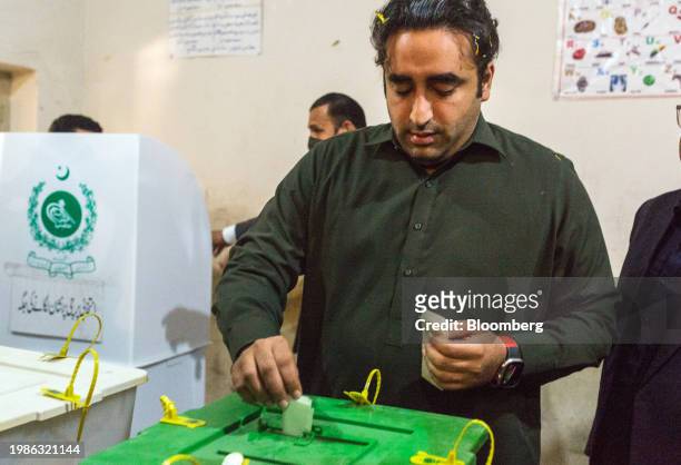 Bilawal Bhutto Zardari, chairman of Pakistan Peoples Party and former foreign minister, casts his ballot at a polling station in Lakarna, Pakistan,...