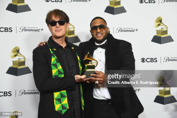 Antaeus and Julian Marley, winners of the "Best Reggae Album" award for "Colors of Royal", pose in the press room during the 66th GRAMMY Awards at...