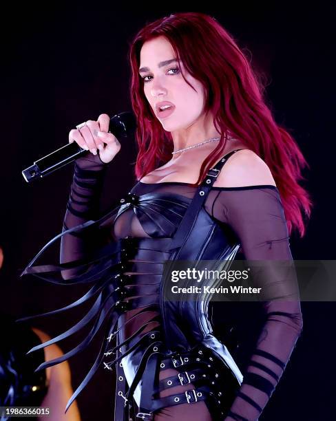 Dua Lipa performs onstage during the 66th GRAMMY Awards at Crypto.com Arena on February 04, 2024 in Los Angeles, California.