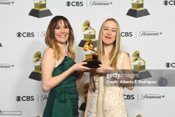 Molly Tuttle and Bronwyn Keith-Hynes of Golden Highway, winners of the "Best Bluegrass Album" award for "City of Gold", pose in the press room during...