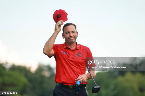 Captain Sergio Garcia of Fireballs GC salutes to the fans during day three of the LIV Golf Invitational - Mayakoba at El Camaleon at Mayakoba on...