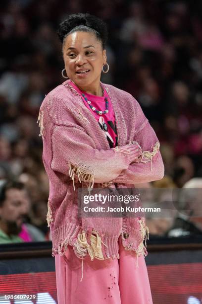 Head coach Dawn Staley of the South Carolina Gamecocks looks on against the Ole Miss Rebels during their game at Colonial Life Arena on February 04,...