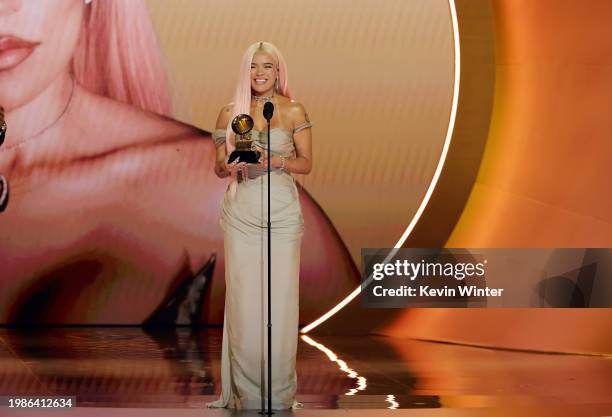 Karol G accepts the Best Música Urbana Album award for “Mañana Será Bonito” onstage during the 66th GRAMMY Awards at Crypto.com Arena on February 04,...