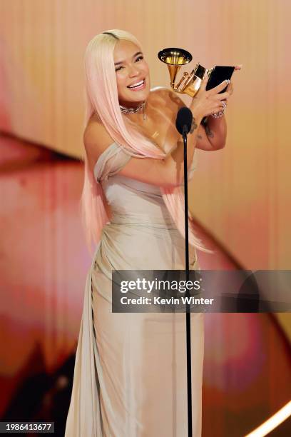 Karol G accepts the Best Música Urbana Album award for “Mañana Será Bonito” onstage during the 66th GRAMMY Awards at Crypto.com Arena on February 04,...