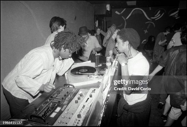 Sean Oliver of Rip Rig And Panic djing at the Hot Sty Club, London 6 June 1983.