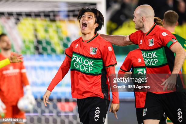 Koki Ogawa of NEC celebrates after scoring his teams first goal, Bram Nuytinck of NEC during the TOTO KNVB Cup Quarter Final match between NEC and...
