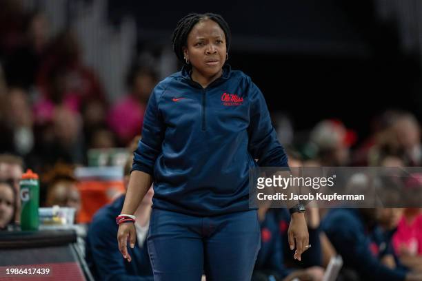 Head coach Yolett McPhee-McCuin of the Ole Miss Rebels looks on during their game against the South Carolina Gamecocks at Colonial Life Arena on...