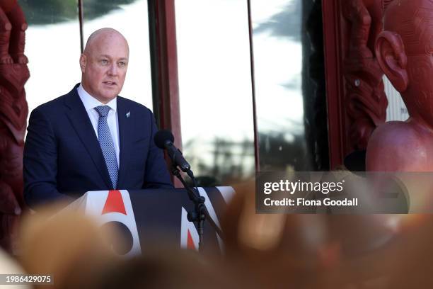 New Zealand Prime Minister Christopher Luxon speaks at Te Whare Rūnanga during a pōwhiri on February 05, 2024 in Waitangi, New Zealand. The Waitangi...