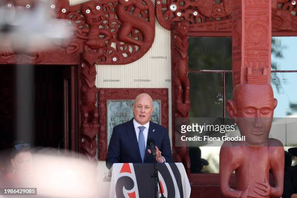 New Zealand Prime Minister Christopher Luxon speaks at Te Whare Rūnanga during a pōwhiri on February 05, 2024 in Waitangi, New Zealand. The Waitangi...