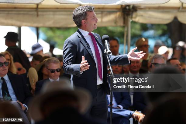 Leader David Seymour speaks at Te Whare Rūnanga during a pōwhiri on February 05, 2024 in Waitangi, New Zealand. The Waitangi Day national holiday...