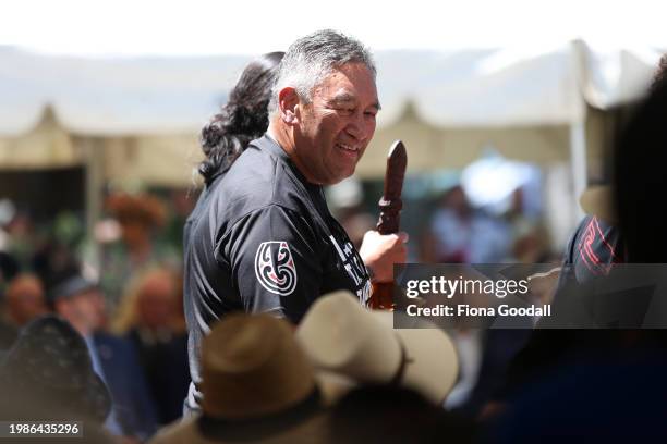 Hone Harawira speaks at Te Whare Rūnanga during a pōwhiri on February 05, 2024 in Waitangi, New Zealand. The Waitangi Day national holiday celebrates...