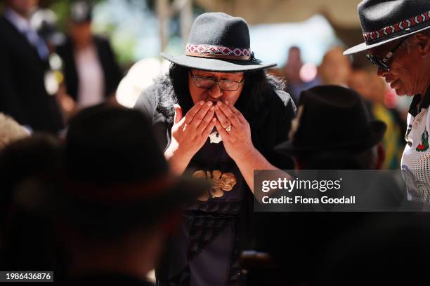 Annette Sykes speaks at Te Whare Rūnanga during a pōwhiri on February 05, 2024 in Waitangi, New Zealand. The Waitangi Day national holiday celebrates...