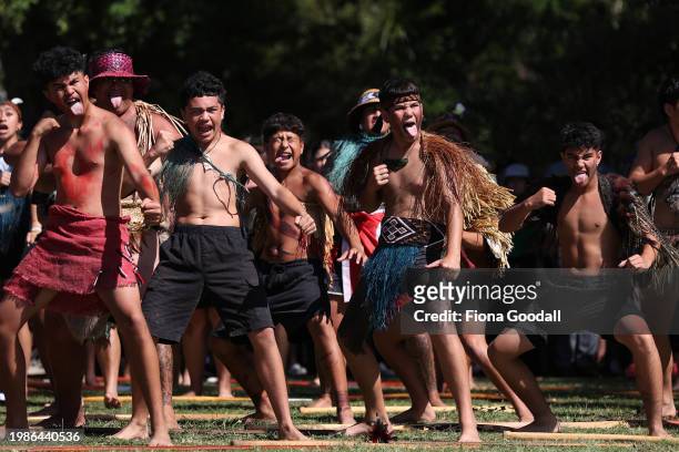 Maori warriors prepare to welcome the New Zealand government representatives including Prime Minister Christopher Luxon at Te Whare Rūnanga during a...
