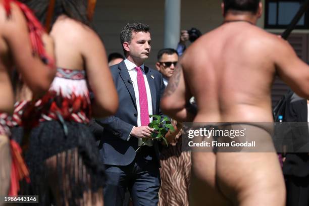 Leader David Seymour accepts a wero or challenge at Te Whare Rūnanga during a pōwhiri on February 05, 2024 in Waitangi, New Zealand. The Waitangi Day...
