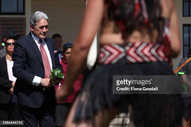 New Zealand First leader Winston Peters accepts a wero or challenge at Te Whare Rūnanga during a pōwhiri on February 05, 2024 in Waitangi, New...