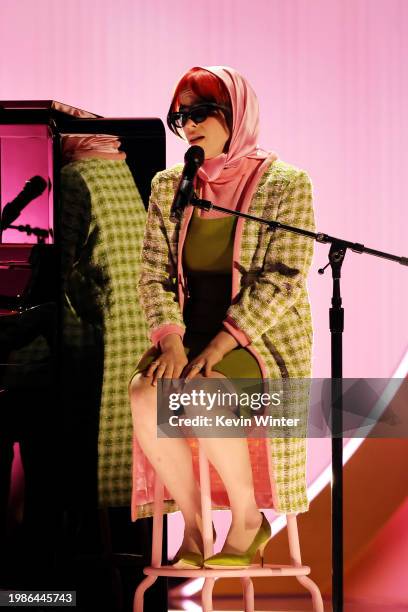 Billie Eilish performs onstage during the 66th GRAMMY Awards at Crypto.com Arena on February 04, 2024 in Los Angeles, California.