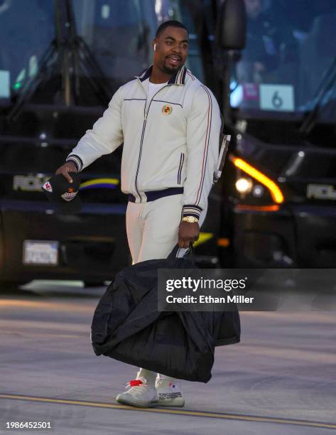 Defensive tackle Chris Jones of the Kansas City Chiefs arrives for Super Bowl LVIII at Harry Reid International Airport on February 04, 2024 in Las...