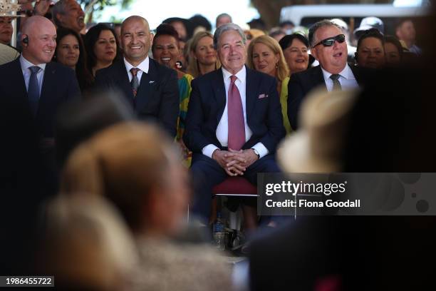 New Zealand government representatives including Prime Minister Christopher Luxon Winston Peters and Shane Jones listen at Te Whare Rūnanga during a...