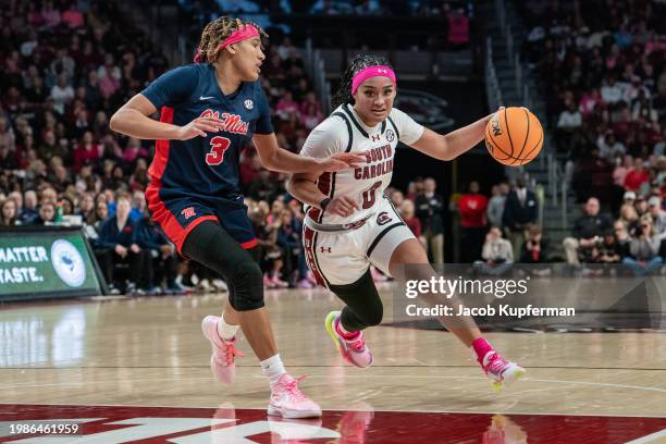 Kennedy Todd-Williams of the Ole Miss Rebels guards Te-Hina Paopao of the South Carolina Gamecocks during their game at Colonial Life Arena on...