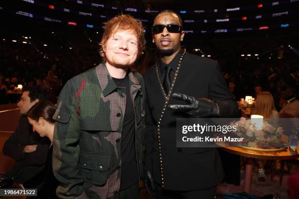 Ed Sheeran and 21 Savage attend the 66th GRAMMY Awards at Crypto.com Arena on February 04, 2024 in Los Angeles, California.